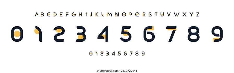 Modern minimalist typeface, playful geometric cuts, bold rounded numbers and letters for tech logos, sleek headlines, digital sports branding, jersey numbers, team merchandise. Vector typeset