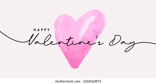 Modern minimalist Valentine's Day card design with watercolor heart drawn with a brush hand and  lettering typography. Elegant, stylish holiday card.