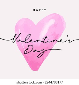 Modern minimalist Valentine's Day card design with watercolor heart drawn with a brush hand and  lettering typography. Elegant, stylish holiday card.