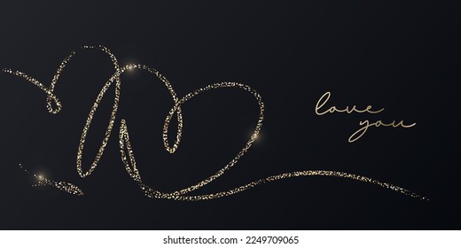 Modern minimalist Valentine's Day card design with two hearts made of gold glitter confetti drawing line on black background. Minimalistic trendy template for decoration, web banner, Valentines card