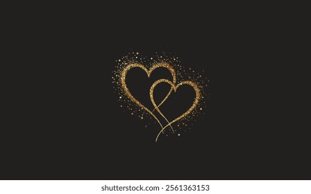 Modern minimalist Valentine's Day card design with two hearts made of gold glitter confetti drawing line on black background. Minimalistic trendy template for decoration, web banner, Valentines card