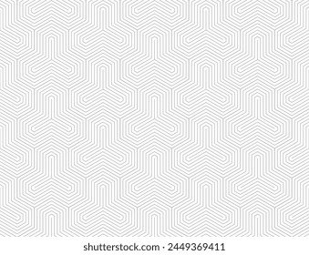 Modern minimalist vector geometric seamless pattern with thin lines, hexagons, quirky stripes. Subtle gray and white abstract background. Simple trendy linear texture. Repeatable minimal geo design