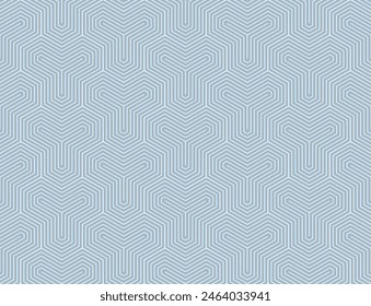 Modern minimalist vector geometric seamless pattern with thin lines, hexagons, quirky stripes. Subtle light blue abstract background. Simple trendy linear texture. Repeated elegant minimal geo design