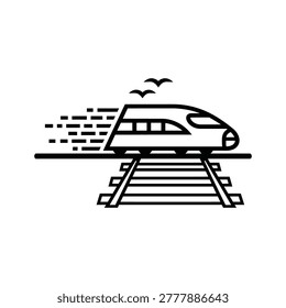 Modern, minimalist vector graphic depicting a fast train on tracks with birds. Ideal for representing speed, technology, logistics, or travel in marketing materials, websites, and presentations.