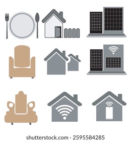 A modern and minimalist vector icon featuring a smart home with technology elements. The icon includes a house with a Wi-Fi symbol above the roof, representing connectivity