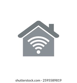 A modern and minimalist vector icon featuring a house with a Wi-Fi symbol. The house has a simple representing a smart home concept
