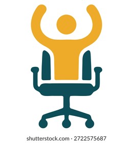 Icono de Vector minimalista moderno con silueta de silla de oficina con dos brazos humanos que se extienden hacia arriba en un arco. Este diseño simbólico representa la ergonomía del lugar de trabajo, la salud de la columna vertebral y la importancia del movimiento físico durante las horas de trabajo. Creado con un estilo de diseño plano limpio utilizando colores sólidos de verde azulado profundo y amarillo mostaza.