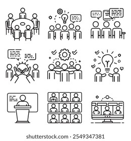 Video Conjunto de iconos vectoriales minimalistas modernos para tipos de reuniones: mesa redonda, lluvia de ideas, trabajo en equipo, seminario y conferencia