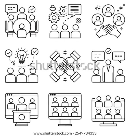 Modern Minimalist Vector Icons Set for Meeting Types: Roundtable, Brainstorming, Teamwork, Seminar, and Video Conference
