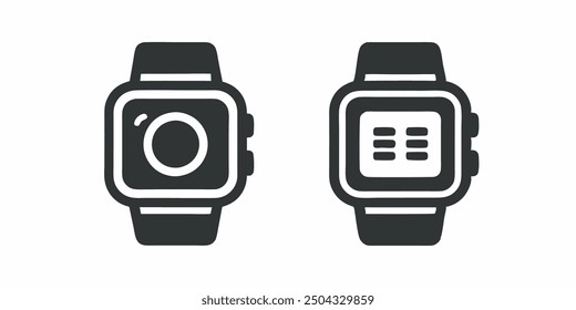 Modern and minimalist vector icons of smartwatches, ideal for designs related to technology, gadgets, and wearable devices. Clean black and white style.