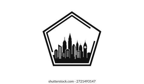 Uma ilustração vetorial moderna e minimalista com uma silhueta de horizonte de cidade em preto e branco encapsulada em uma forma de pentágono geométrico, adequada para logotipos e designs gráficos que representam