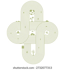 A modern, minimalist vector illustration featuring interconnected green paths forming a Celtic knot-like cross symbol. The design incorporates eco-friendly icons including the Earth, wind turbines, electric vehicles, water droplets, solar energy, and plant growth. Perfect for themes related to renewable energy, sustainable development, ESG (Environmental, Social, and Governance), circular economy, and global environmental conservation. This versatile graphic is ideal for corporate sustainability reports, educational materials, and eco-conscious branding.