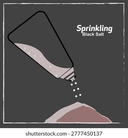 Modern minimalist vector illustration featuring black salt being sprinkled from a tilted shaker bottle. The design uses clean lines, flat shapes, and elegant contrast colors, making it ideal for spice packaging, food branding, restaurant graphics, kitchen themes, seasoning labels, culinary posters