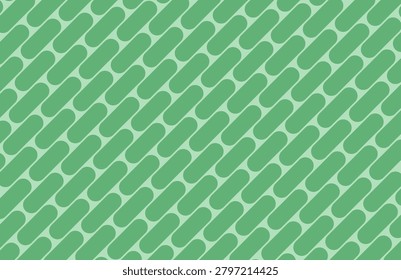 ​A modern and minimalist vector illustration featuring a seamless repeating pattern of diagonal rounded shapes and capsule structures. Captured in a fresh mint green color palette, this clean abstract background is ideal for medical, healthcare, wellness branding, trendy tech wallpapers, creative wrapping paper, and corporate graphic designs.
