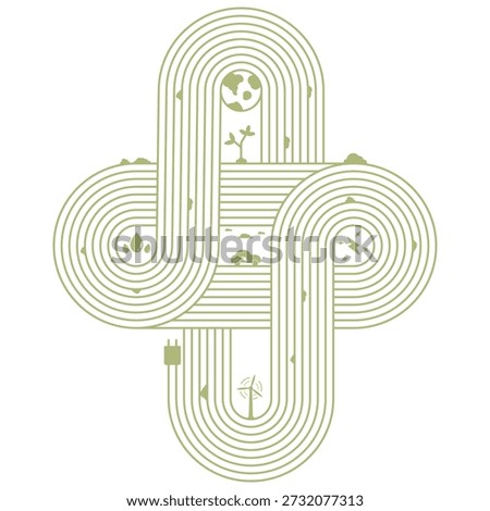 A modern, minimalist vector illustration featuring interconnected green paths forming a Celtic knot-like cross symbol. The design incorporates eco-friendly icons including the Earth, wind turbines, electric vehicles, water droplets, solar energy, and plant growth. Perfect for themes related to renewable energy, sustainable development, ESG (Environmental, Social, and Governance), circular economy, and global environmental conservation. This versatile graphic is ideal for corporate sustainability reports, educational materials, and eco-conscious branding.