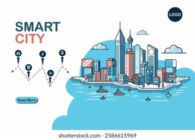 Modern and minimalist vector illustration of a smart city landing page design with futuristic cityscape and connected devices. Perfect for technology, urban planning, and website design