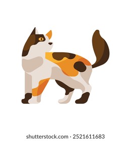 Una Ilustración vectorial moderna y minimalista de un gato calico de pie, vista de perfil lateral.