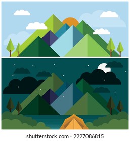 Modern minimalist vector image of mountain landscape during day and night with sun, moon, stars, clouds, trees and tent. Seven summit mountains.