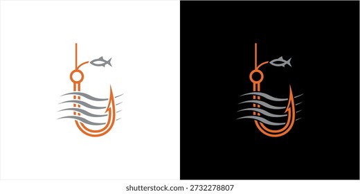 Un moderno diseño minimalista del logotipo de Vector presenta un anzuelo de pesca naranja parcialmente sumergido en ondas grises estilizadas con un Pequeño pez gris enganchado en la línea, presentado en fondos contrastantes blancos y negros