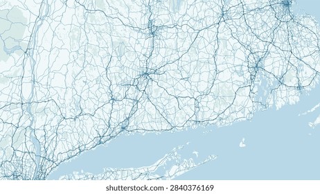 Modern minimalist vector map of Connecticut, United States. High-quality scalable illustration of Connecticut state geographic boundaries along Long Island Sound shoreline, Connecticut River waterways, Hartford, New Haven, and Stamford metropolitan street grids, Interstate highway corridors including I-95, I-91, and I-84, Merritt Parkway scenic route, and Litchfield Hills terrain for posters design.