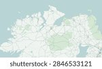 Modern minimalist vector map of Derry Londonderry, County Londonderry, Northern Ireland, United Kingdom. High-quality scalable illustration of historic walled city geographic boundaries along the River Foyle, intact 17th-century City Walls, Peace Bridge and Guildhall Square, Bogside, Waterside, and Creggan street grids, primary highway corridors including A2 Foyle Embankment, A6 Glenshane Road, and Translink NI Railways transit links for posters design.