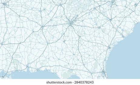 Modern minimalist vector map of Georgia, United States. High-quality scalable illustration of Georgia state geographic boundaries along the Atlantic Coast shorelines, Blue Ridge Appalachian mountain contours, Atlanta, Savannah, and Augusta metropolitan street grids, Interstate highway corridors including I-75, I-85, I-20, and I-16, Chattahoochee and Savannah River waterways, and historic coastal precinct for posters design.