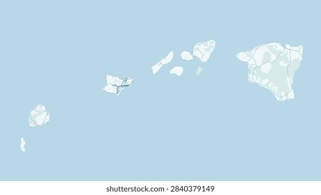 Modern minimalist vector map of Hawaii, United States. High-quality scalable illustration of Hawaii state geographic boundaries across the Pacific archipelago including Oahu, Maui, Kauai, and Big Island, Honolulu metropolitan street grids, scenic Kamehameha and Hana Highway coastal corridors, volcanic crater contours of Mauna Kea and Haleakala, and tropical coastline shorelines for posters design.