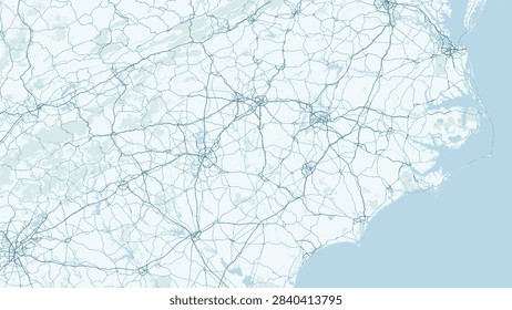 Modern minimalist vector map of North Carolina, United States. High-quality scalable illustration of North Carolina state geographic boundaries along the Atlantic Ocean shoreline and Outer Banks barrier islands, Charlotte, Raleigh, and Durham Research Triangle metropolitan street grids, Interstate highway corridors including I-85, I-40, I-77, and I-95, Blue Ridge Mountains and Mount Mitchell contours, Cape Fear and Neuse River waterways for posters design.