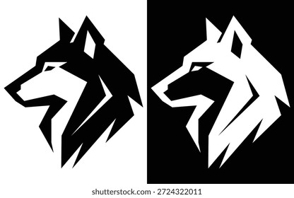 Modern minimalist vector of a wolf head silhouette. High-quality geometric design for logos, tattoos, and branding. Includes black and white versions for versatile use in digital or print projects.