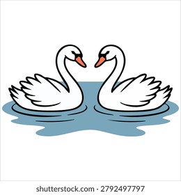 Modern minimalist visual depicting pond two swans children hand drawing birds floating lake natural object isolate against a crisp white backdrop scene