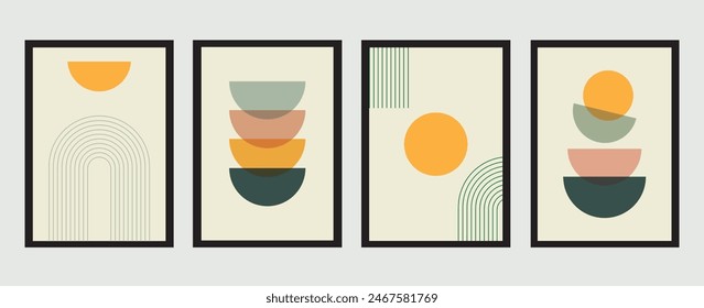 Modern minimalist wall art vector illustrations set. An abstract shapes art for interior design. Boho aesthetic wall décor designs for print. Rainbow, sun, and pots.