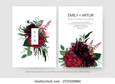 Modern minimalist wedding invite cards editable template set. Burgundy dahlia flowers, elegant red garden Rose, greenery eucalyptus leaves bouquet, berries, thistle decoration. Vector art illustration