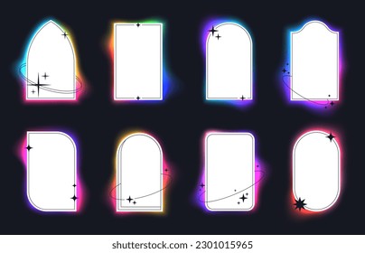 Modern minimalist white arc frames with holographic neon glow. Simple linear frame with stars and vivid gradients, illuminated arch forms with glowing rainbow effect on black background vector set