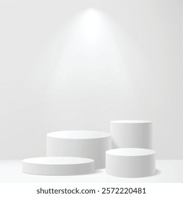Modern Minimalist White Pedestal Display with Tropical Palm Leaf. Vector illustration