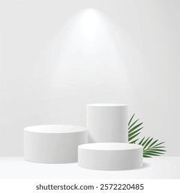 Modern Minimalist White Pedestal Display with Tropical Palm Leaf. Vector illustration