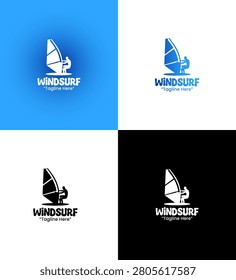A modern minimalist windsurf logo featuring a sailboard with wind motion elements in blue gradient tones created for water sports branding systems.