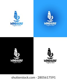 A modern minimalist windsurf logo featuring a dynamic sailboard surfer silhouette in blue gradient tones developed for water sports branding and athletic applications.