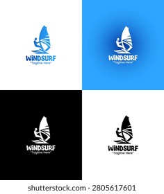 A modern minimalist windsurf logo featuring a surfer with sailboard riding waves in blue gradient tones crafted for aquatic sports branding applications.