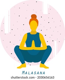 Modern minimalist woman in malasana pose, female yoga pose, garland pose. Mindfulness lifestyle. Yoga at home. Better your brain and sleep meditation.