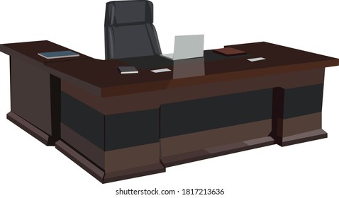 
un escritorio moderno y minimalista vectorial de un líder marrón con una silla negra y sobre la mesa hay libros y una laptop