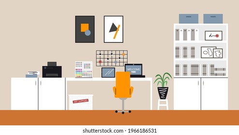 Modern minimalist workspace for designer freelancer. Remote job in pandemic period. Home interior with working zone with desk, laptop, printer for student or programmer. Vector flat line illustration