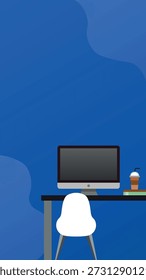 Modern minimalist workspace illustration with computer monitor, desk, chair, and coffee cup. Flat vector design on a blue abstract background. Home office, remote work, and freelance concept