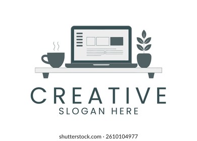 Modern minimalist workspace vector featuring a laptop coffee and plant. Perfect for