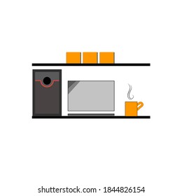 Modern Minimalist Workspace Vector Illustration. Desktop computer icon, coffee cup with steam, work from home design concept, lifestyle, poster,productivity theme content.