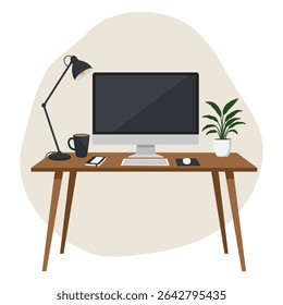 Modern Minimalist Workspace Vector Illustration - Computer Desktop, Lamp, Coffee Mug, Phone and Plant on Wooden Desk for Home Office and Remote Work Concepts