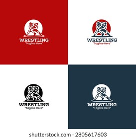A modern minimalist wrestling logo featuring two wrestlers locked in a match pose in red and black tones created for combat sports branding systems.