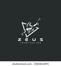 A modern and minimalist Zeus logo featuring a muscular god raising his hand in a powerful pose, enclosed within a triangular frame.