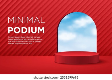 Eine moderne und minimalistische 3D-Darstellung eines Podiums in einem kräftigen roten Farbschema. Das Design verfügt über einen zylindrischen Plattformsatz.