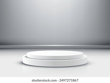 A modern minimalistic 3D white podium with two tiers on a smooth gray background, perfect for product display, mockup, showroom, or showcase