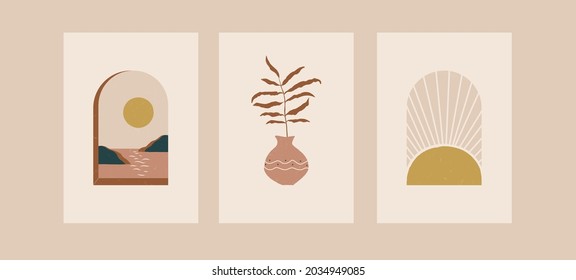 Modern minimalistic abstract aesthetic illustrations. Bohemian-style wall decor. Collection of modern art poster. Boho style.